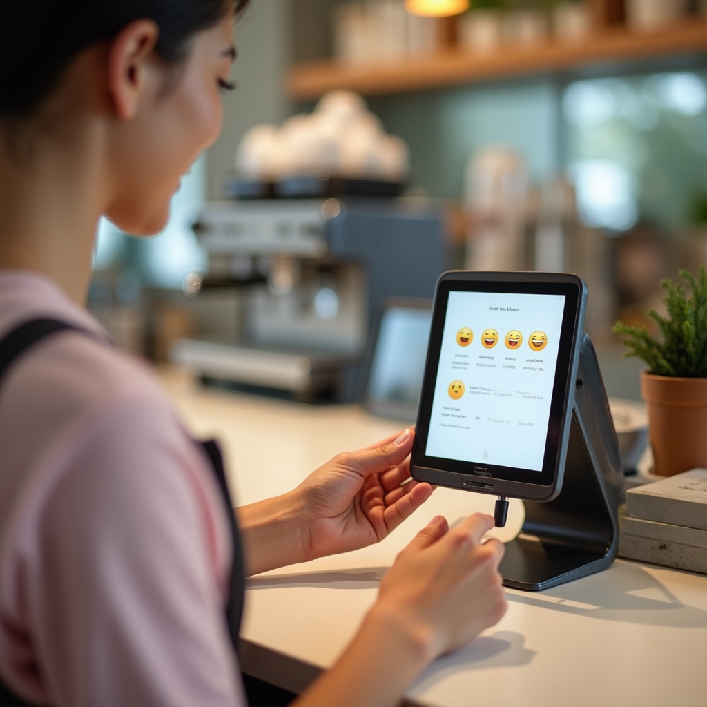 Tabletă montată la tejgheaua unei cafenele afișând un chestionar scurt de feedback pentru clienți