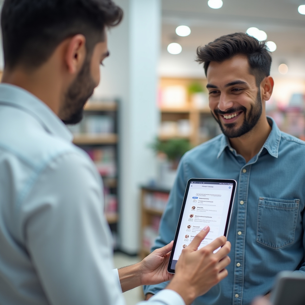 Client tânăr completează un chestionar scurt de satisfacție pe o tabletă amplasată la casă